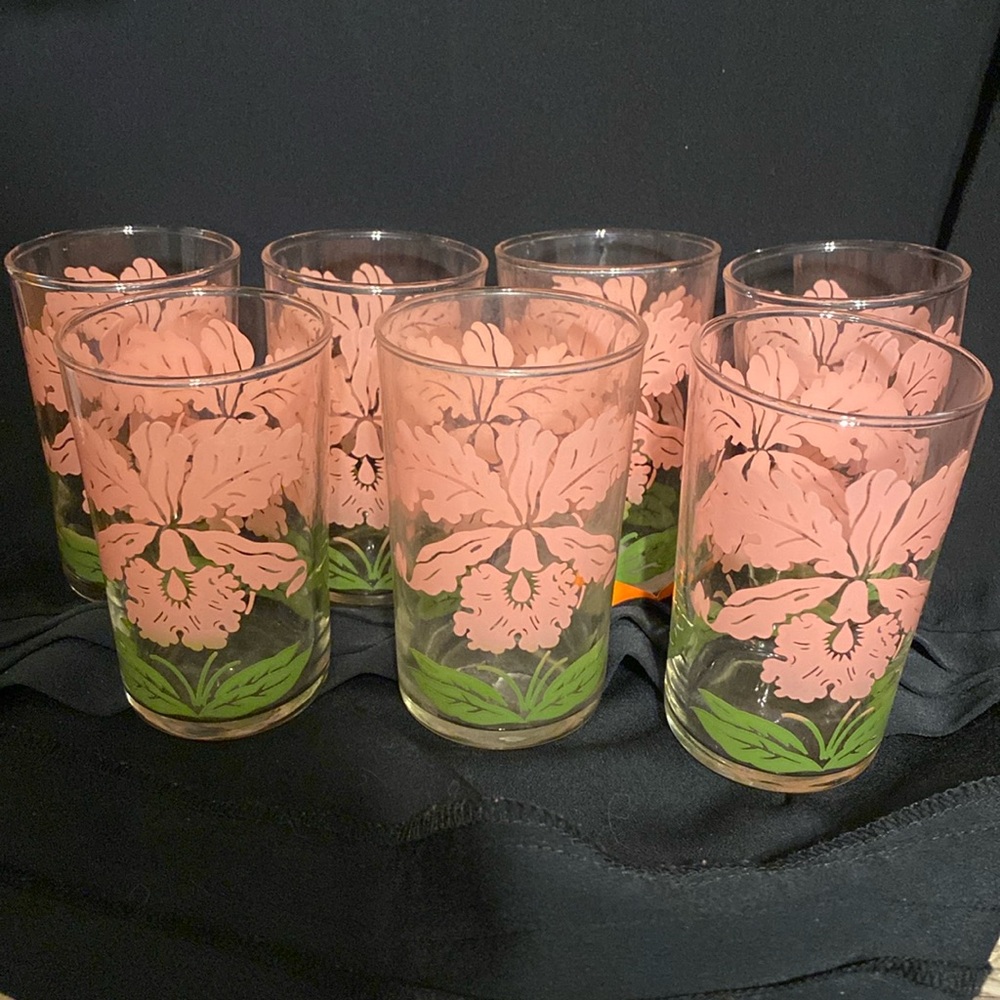 7 Federal Glass pink orchid juice cups